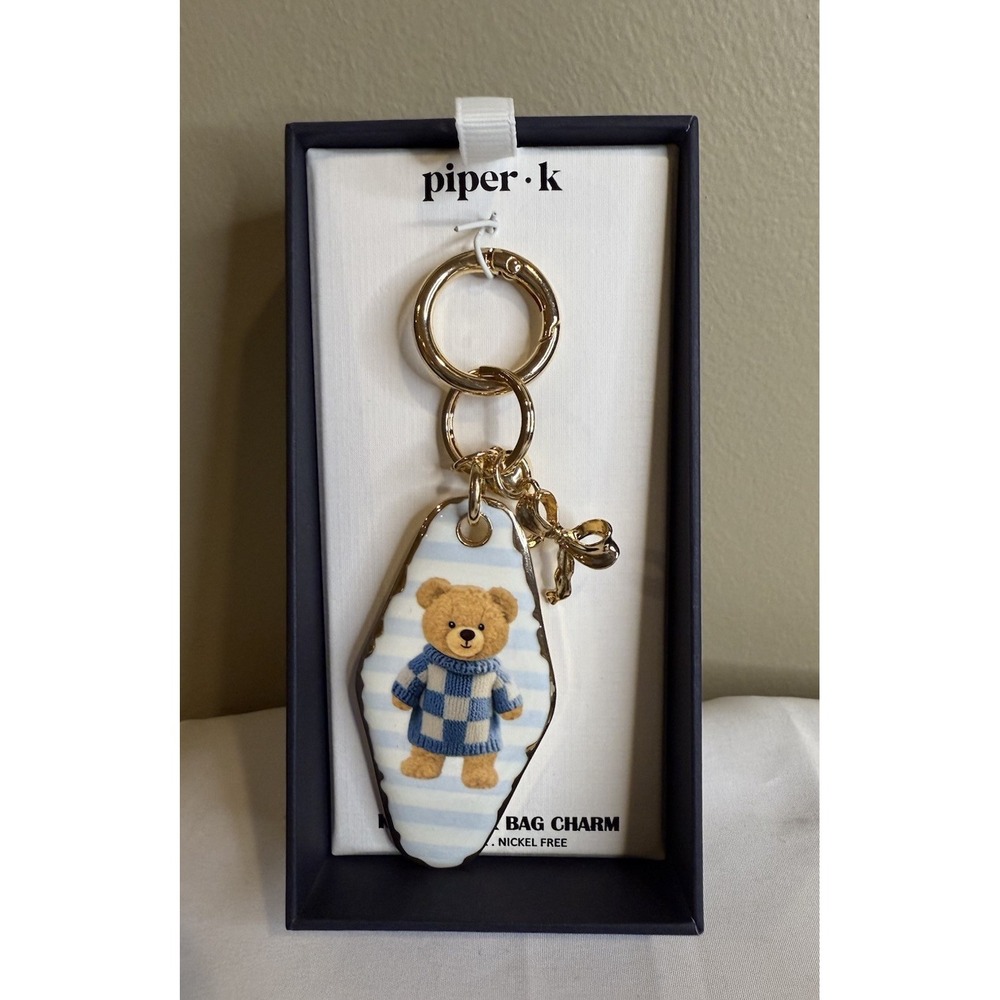 Piper K Gold Striped Teddy Bear Bow Purse Bag Charm & Key Chain Viral TikTok NIB